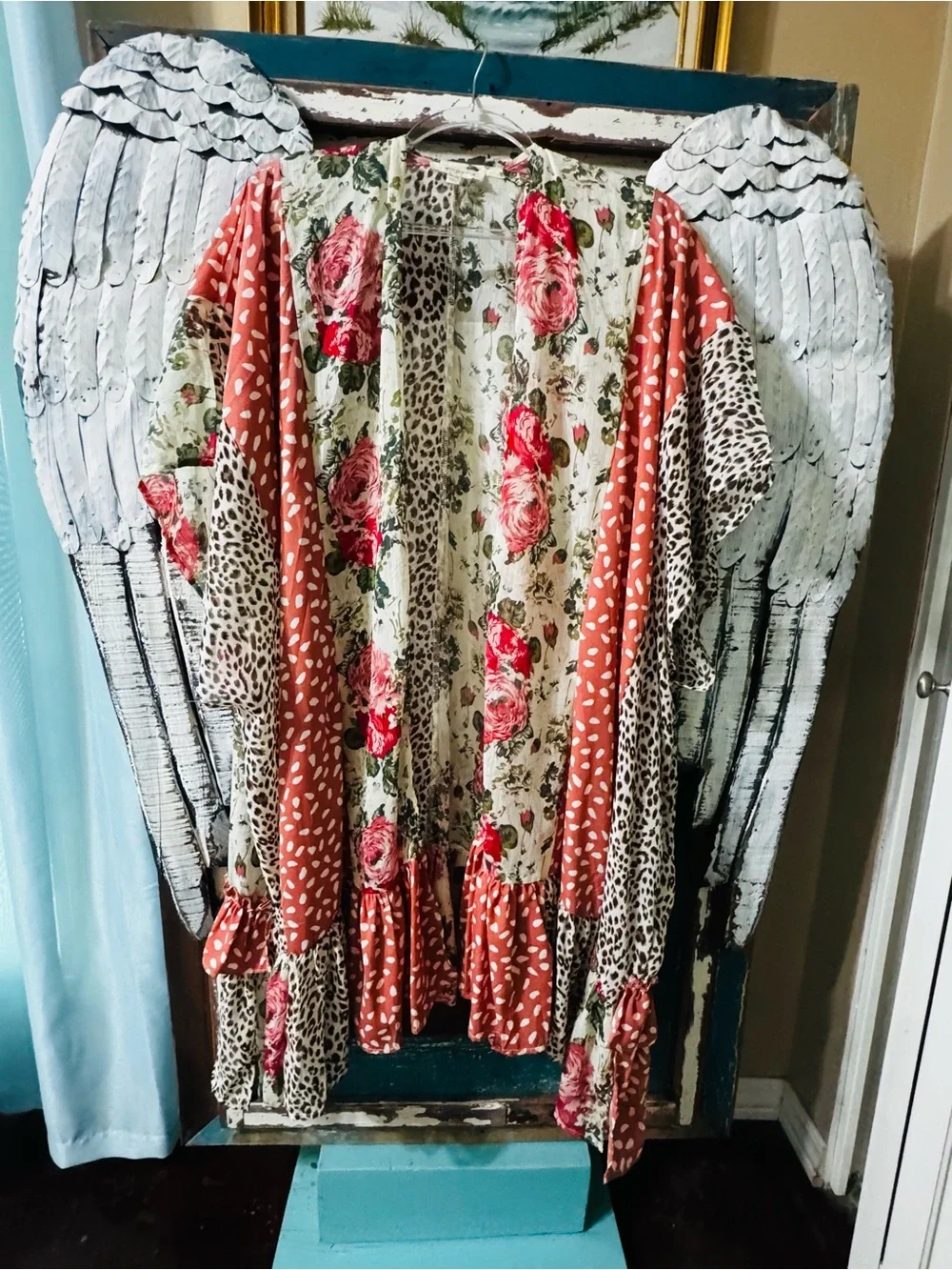 Umgee Mixed Floral and Leopard Open Front Kimono in Cream and Rust and sage